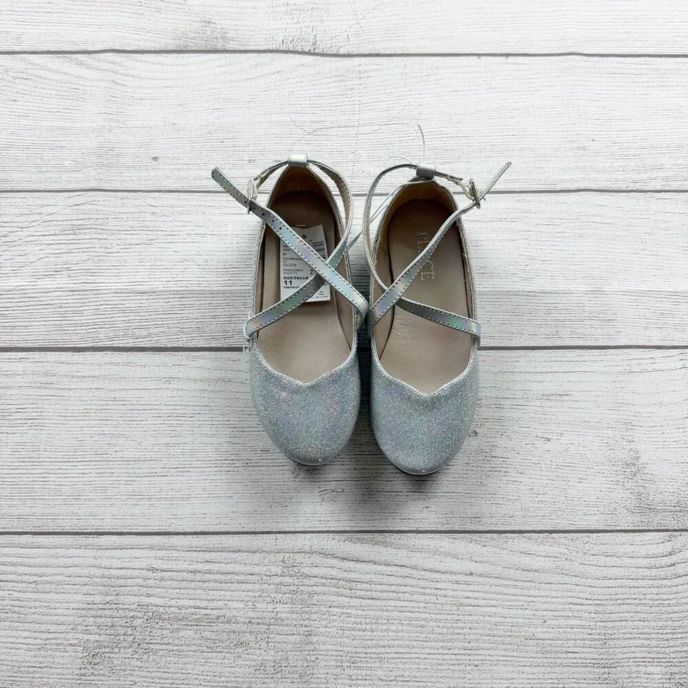 The Children’s Place Silver Glitter Mary Jane Flats Strap Dress Shoes NWT 11